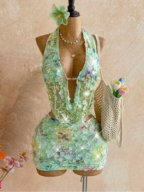 Sheer Floral Halter Mini Dress in Mint Green- every size available